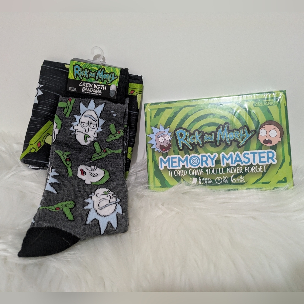 Rick and Morty Memory Master Card Game Plus Crew Socks & Bandana Set NEW!